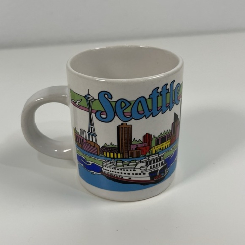 Vintage 1990s Seattle Skyline Ceramic Coffee Mug Puget Sound White Interior Used